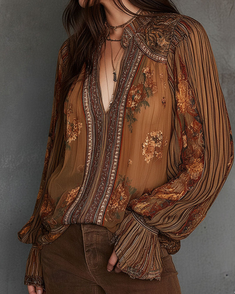 Blouse V-Hals Boho-Stijl Bloemig
