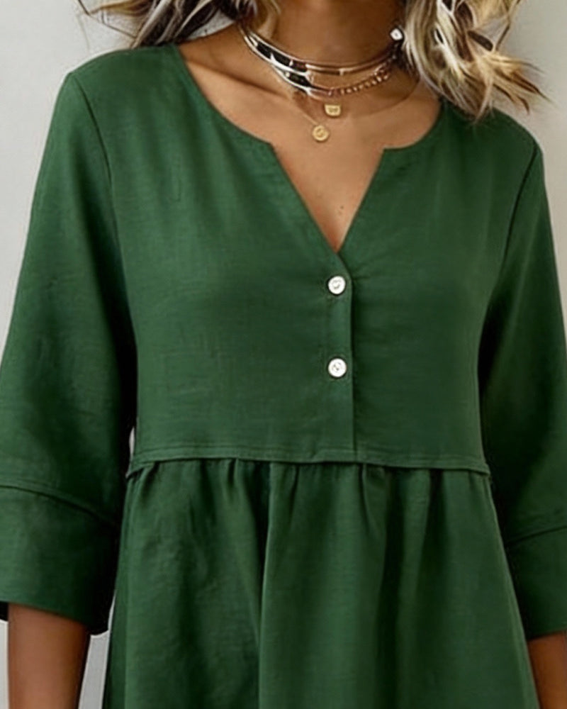 Jurk Linnen-Mix Driekwart Mouw Geplooid A-Lijn