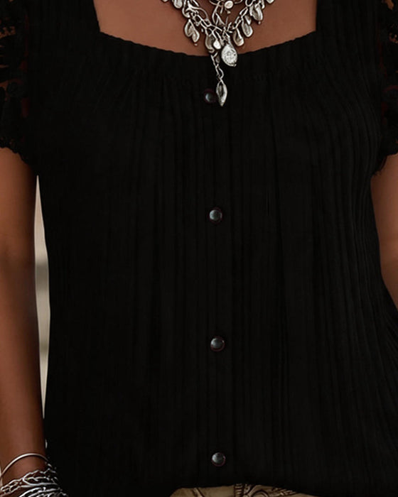 Blouse Vierkante Hals Geribbeld Kant Patchwork