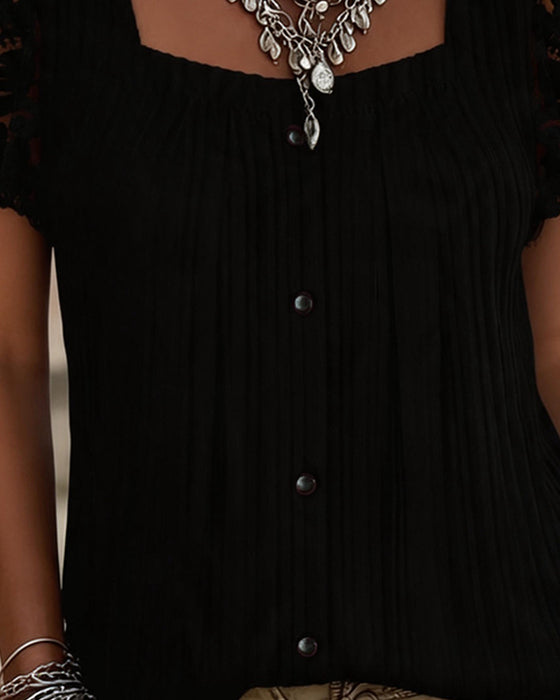 Blouse Vierkante Hals Geribbeld Kant Patchwork
