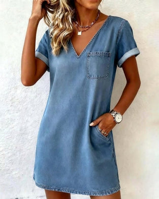 Jurk Denim V-hals Korte Mouw Shift