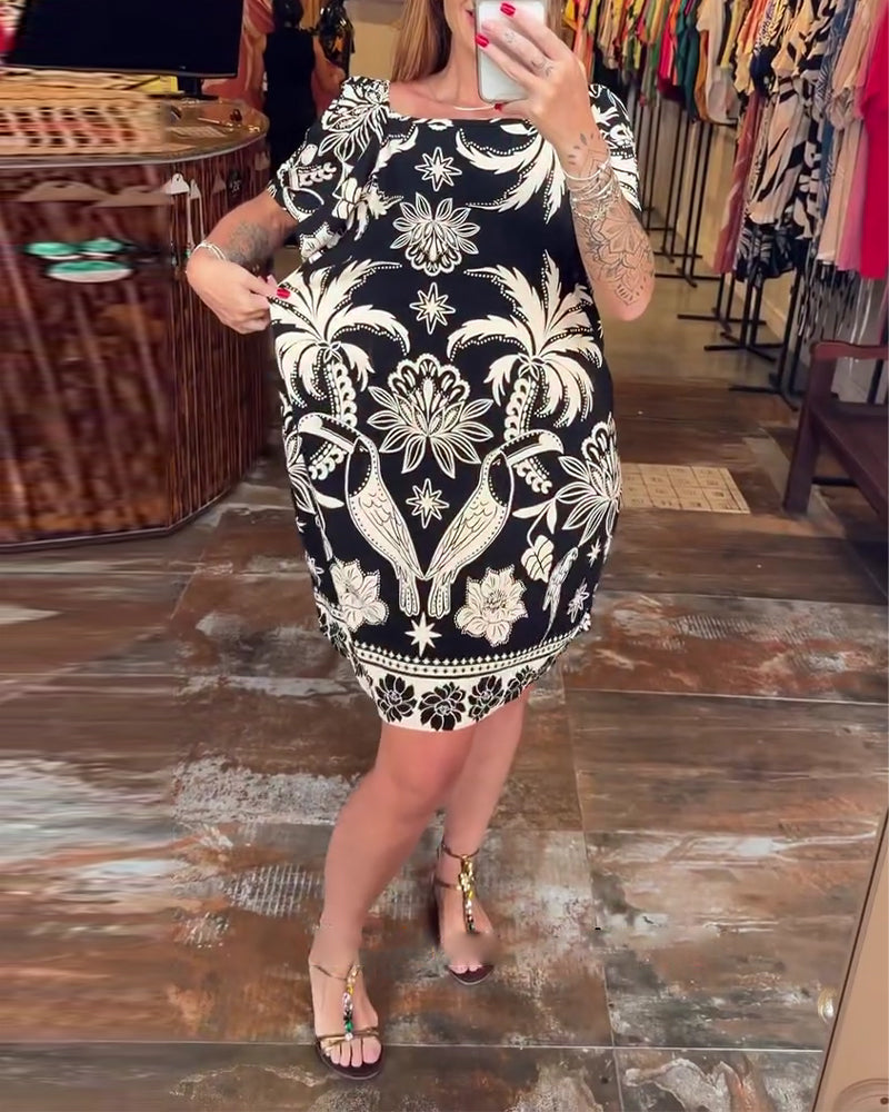 Jurk Brede Kraag Rechte Halslijn Bedrukt