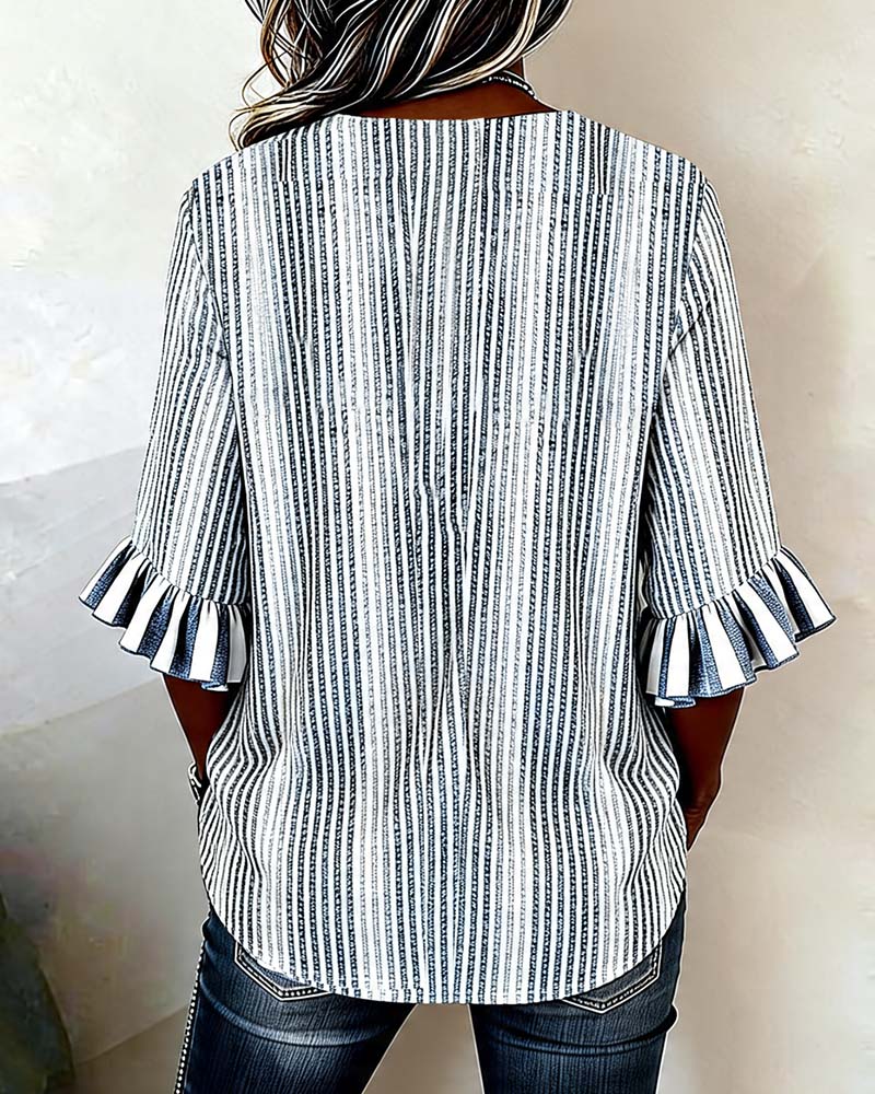 Gestreepte Blouse Met Ruchesmouwen