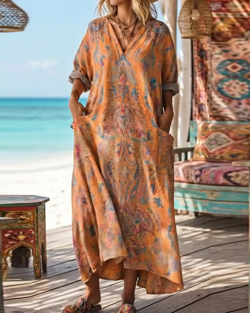 Jurk Retro Bloemenprint V-hals Maxi