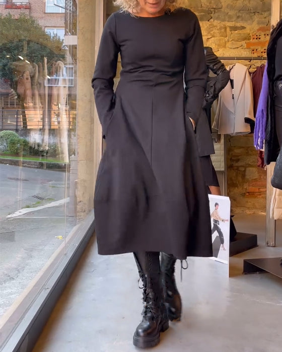 Jurk effen kleur ronde hals taille a-lijn