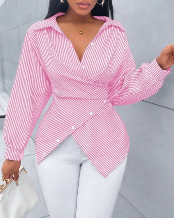 Blouse Streep Stropdas Lange Mouw