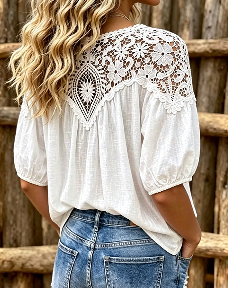Blouse Pof Korte Mouw Kant Patchwork V-Hals