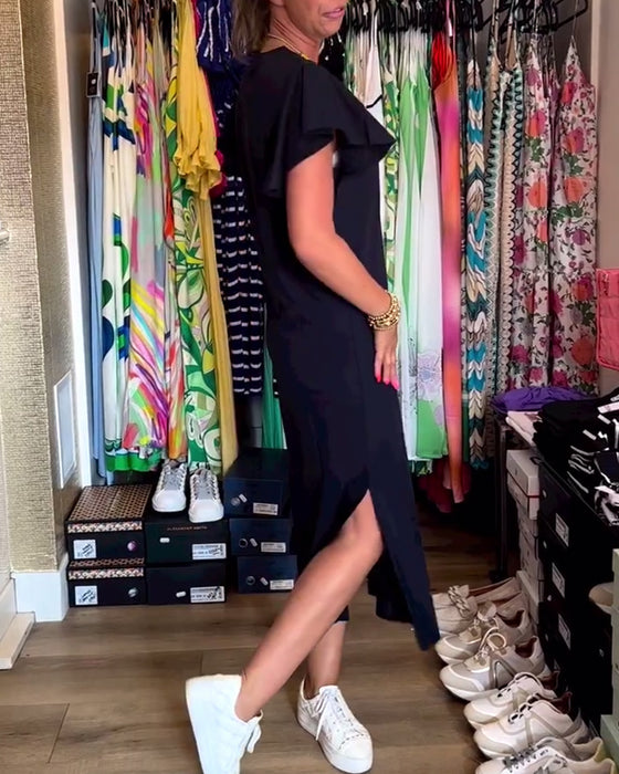 Casual jurk met letterprint en ruches aan de mouwen en split