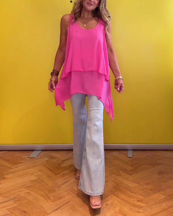 Mouwloze dubbellaagse effen kleur top