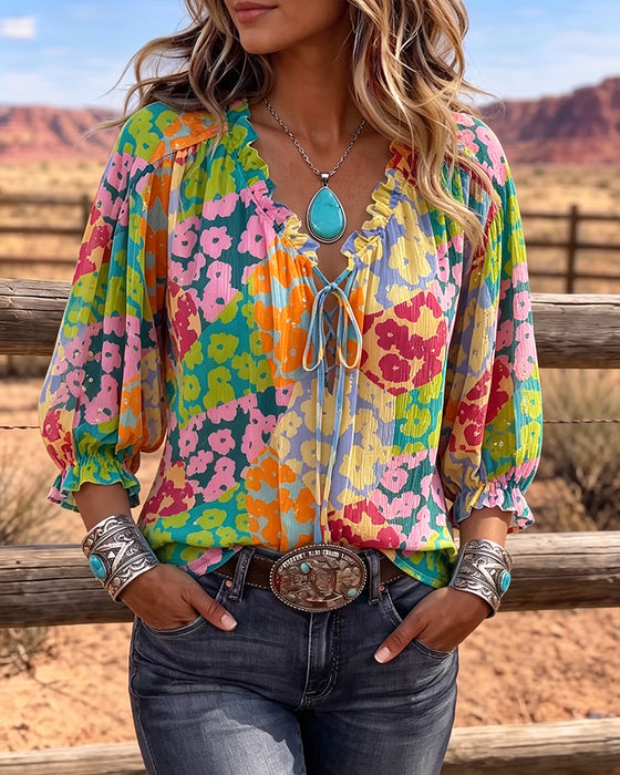 Blouse Bloemen V-Hals Strik-Voor Poef Mouw