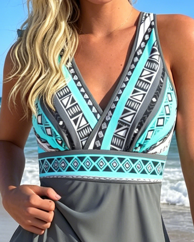 Swimdress Mouwloos V-Hals Geometrische Afdruk