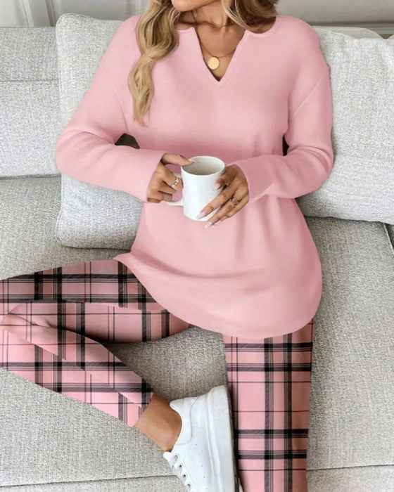 Set V-Hals Effen Top + Ruit Broek Loungewear