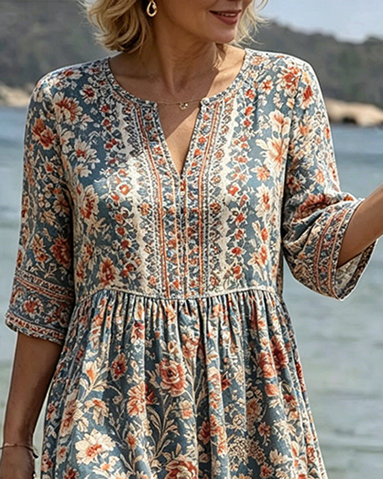 Jurk Mini V-Hals Bloemen Patchwork