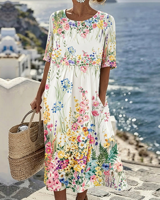 Jurk Rond Hals Aquarel Bloemen