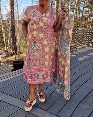 Jurk V-Hals Korte Mouwen Bedrukt Recht