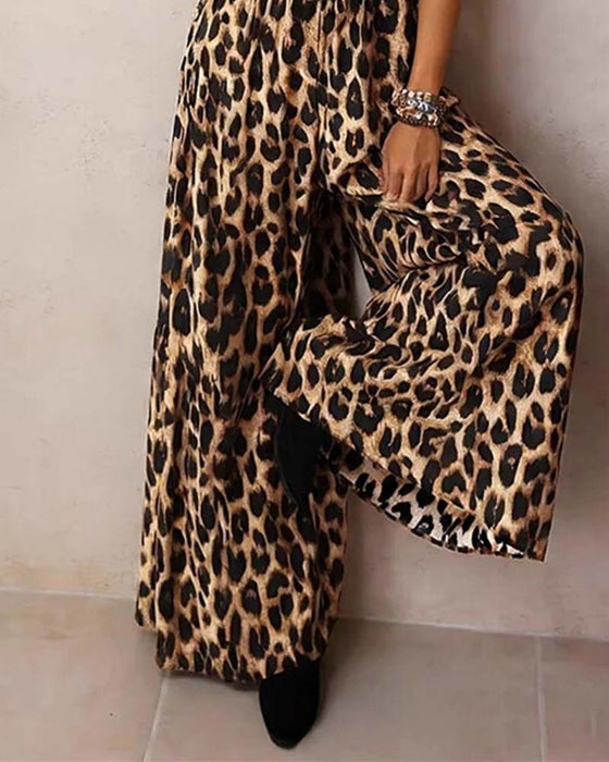 Jumpsuit Luipaard Hoge Taille Wijde Pijp Bandjes