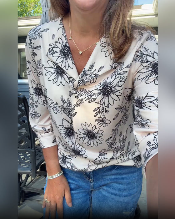 Blouse Inkt Was Bloemen Driekwart Knoopsgat