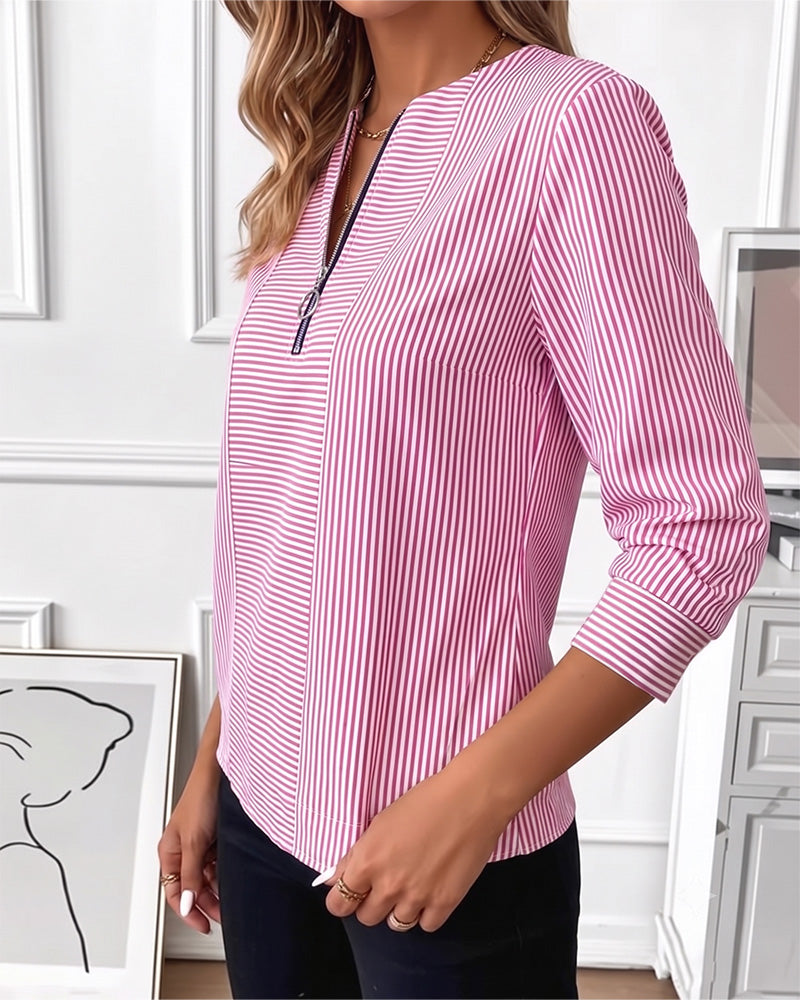 Blouse Gestreept Patchwork Rits Dicht