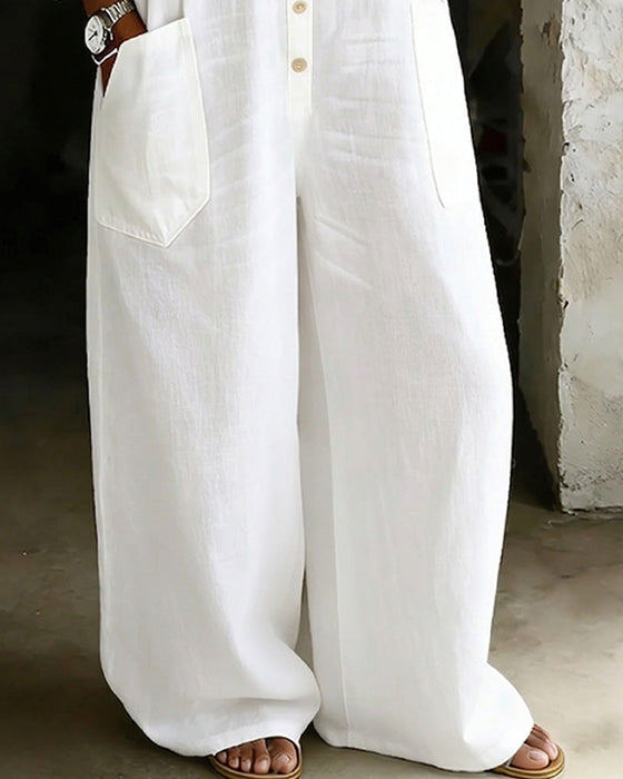 Jumpsuit 100% Katoen Omslagkraag Casual Wijd Pijp
