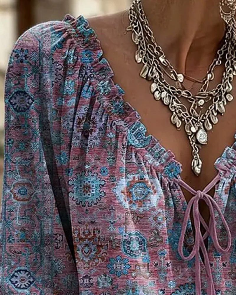 Blouse V-Hals Strik Vintage Print