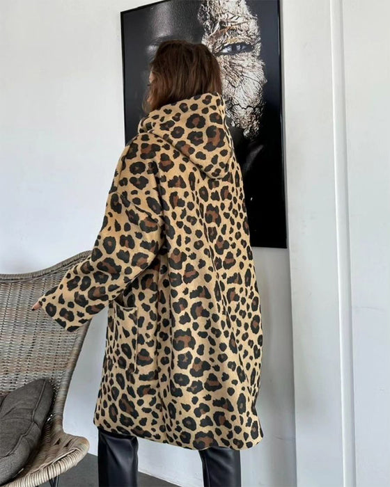 Casual luipaardprint jas met capuchon en zakken