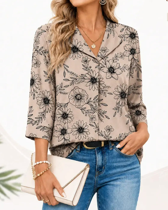 Blouse Inkt Was Bloemen Driekwart Knoopsgat