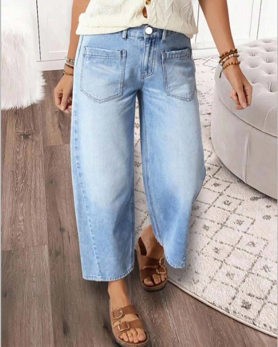 Jeans Denim Elastische Taille Wijd Pijp Cropped