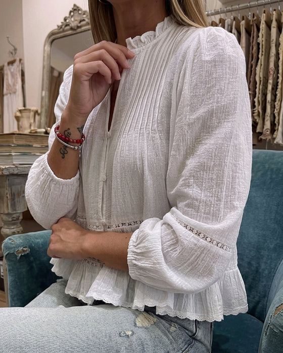 Blouse Staande Kraag Pofmouw Kort