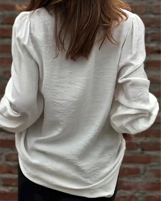 Blouse V-Hals Knoop Voor Ruffle Pofmouw