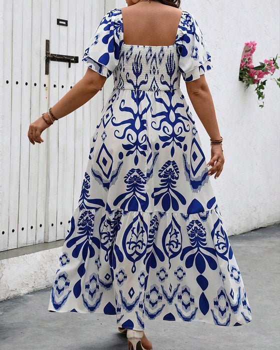 Jurk Blauw Porselein Vierkante Hals Print Maxi