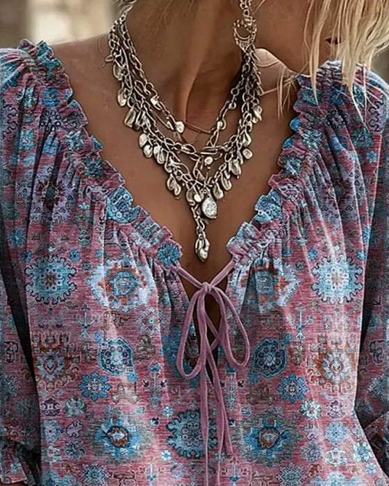 Blouse V-Hals Strik Vintage Print