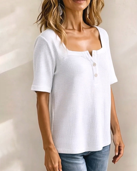 T-Shirt Vierkante Hals Knoop Wafel