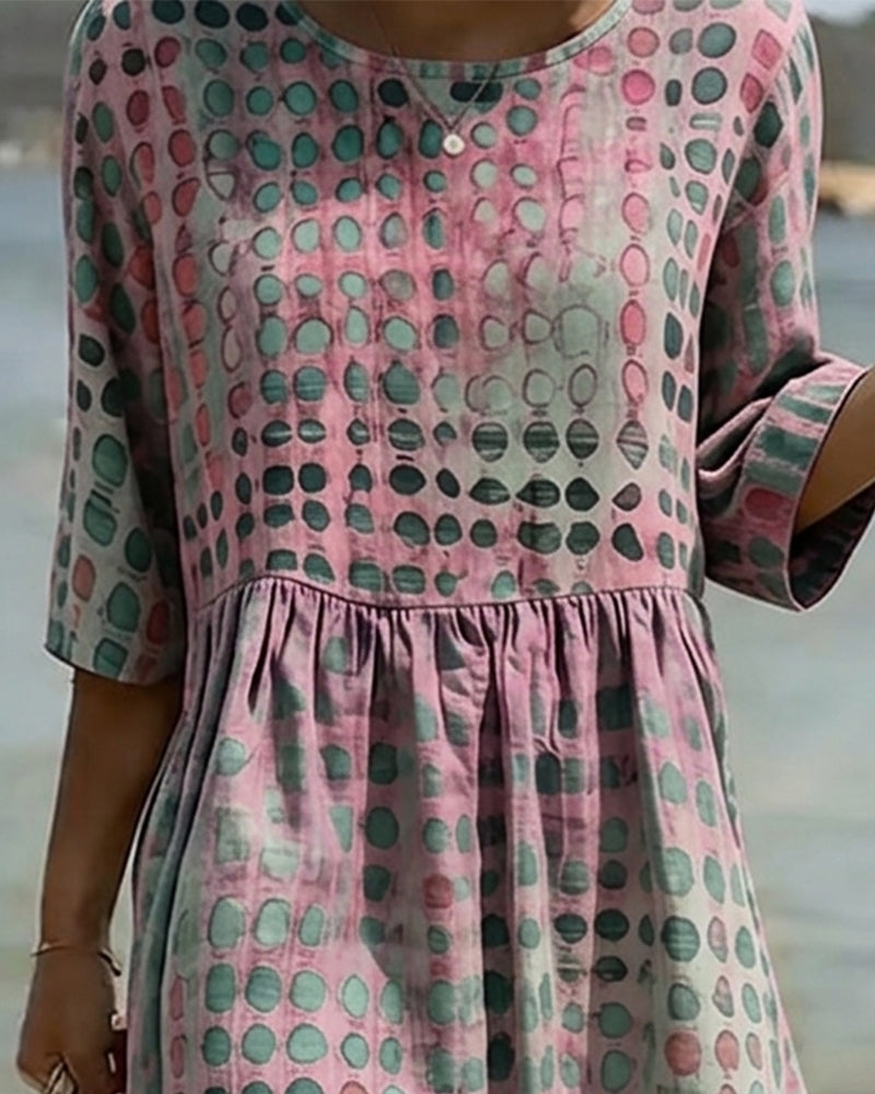 Jurk Stipjes Ronde Hals Print Half Mouw