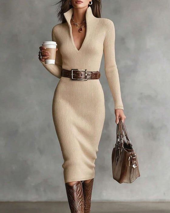Trui Jurk Halfopen Turtleneck Geribbelde Bodycon