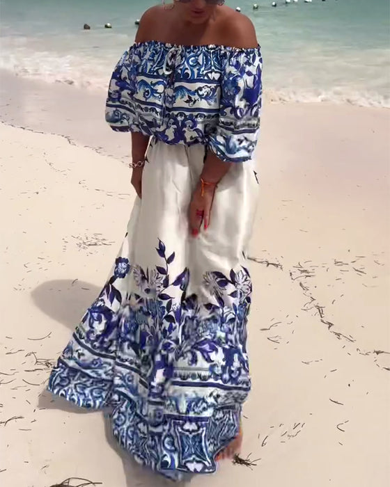 Jurk Off-Shoulder Gedrukt Resort