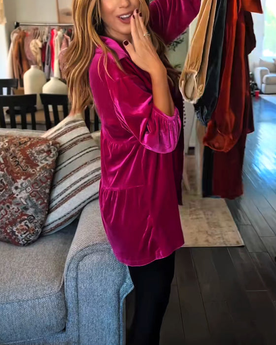 Losvallende Fluwelen Blouse Met Driekwartmouwen