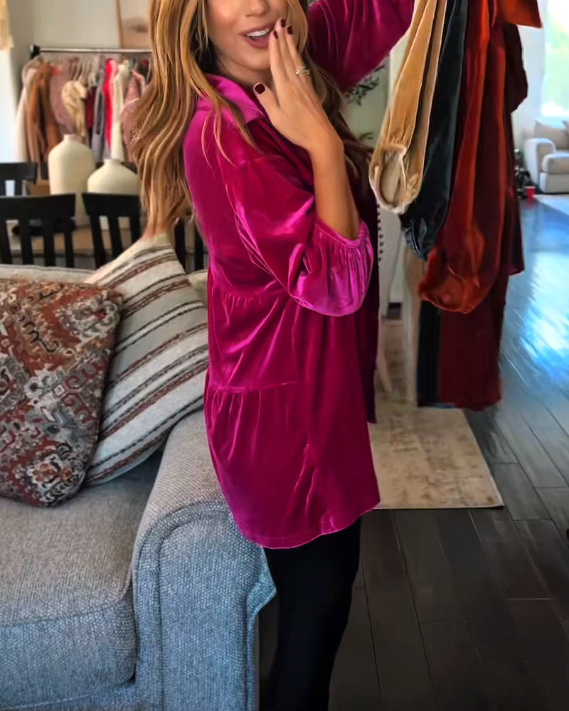 Losvallende Fluwelen Blouse Met Driekwartmouwen