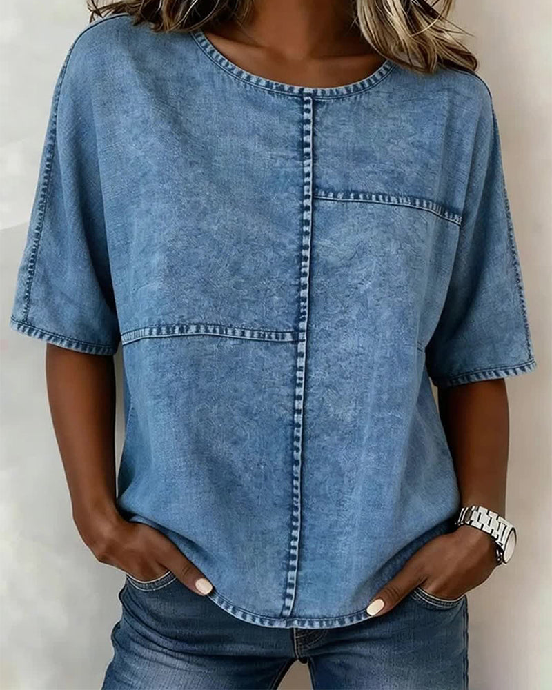 Top Versleten Denim Korte Mouw