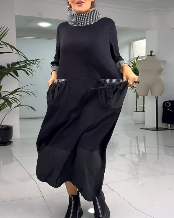 Casual geruite patchwork jurk met hoge kraag en zak