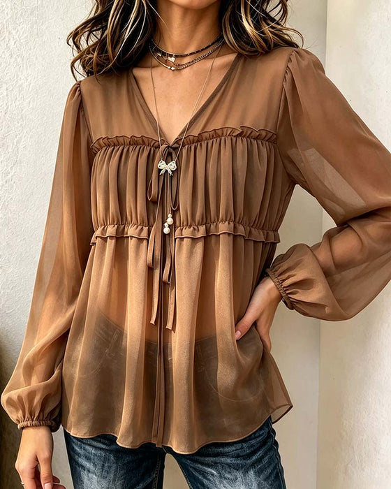 Blouse V-hals Lantaarnmouw Geplooid