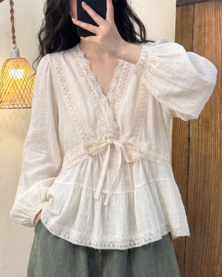 Blouse V-Hals Ballon Mouw Kant Patchwork Uitlopend