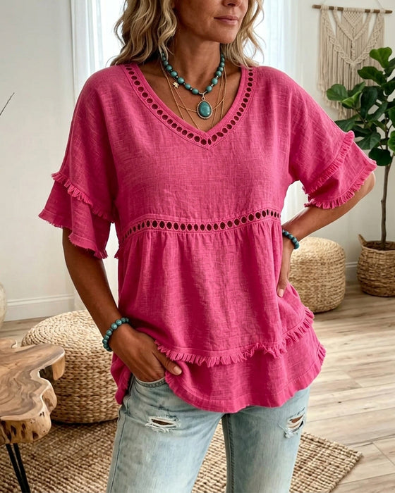 Blouse Uitsnijding Franjes V-Hals Uitlopende Mouw