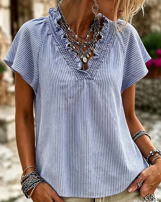 Blouse V-Hals Streep Ruffle