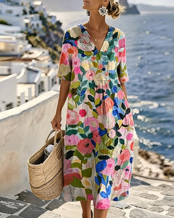 Jurk Aquarel Bloemen V-Hals