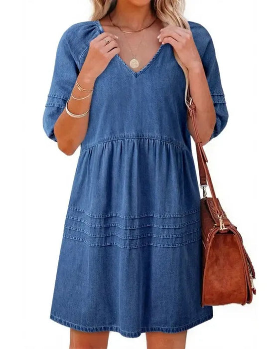 Jurken Denim V-Hals Puff Mouw