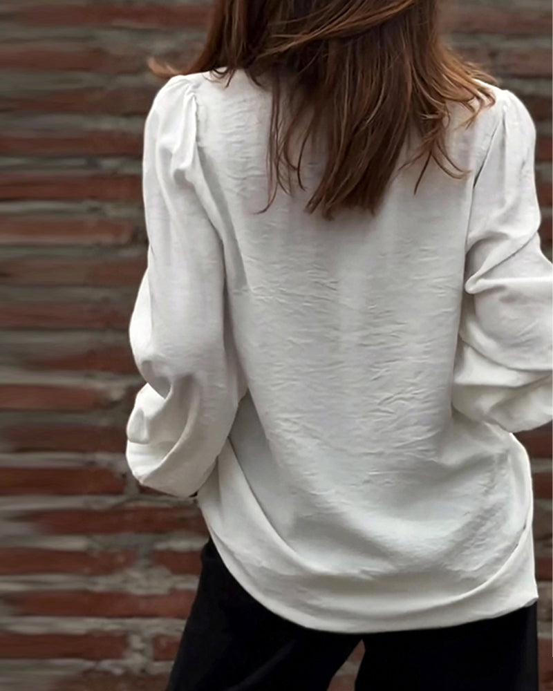 Blouse V-Hals Knoop Voor Ruffle Pofmouw
