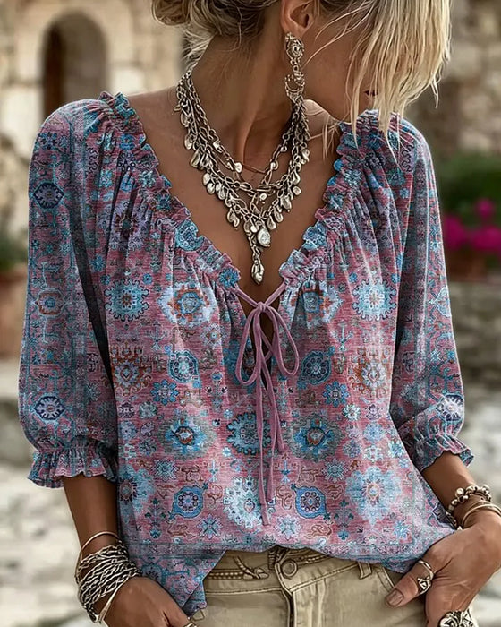 Blouse V-Hals Strik Vintage Print