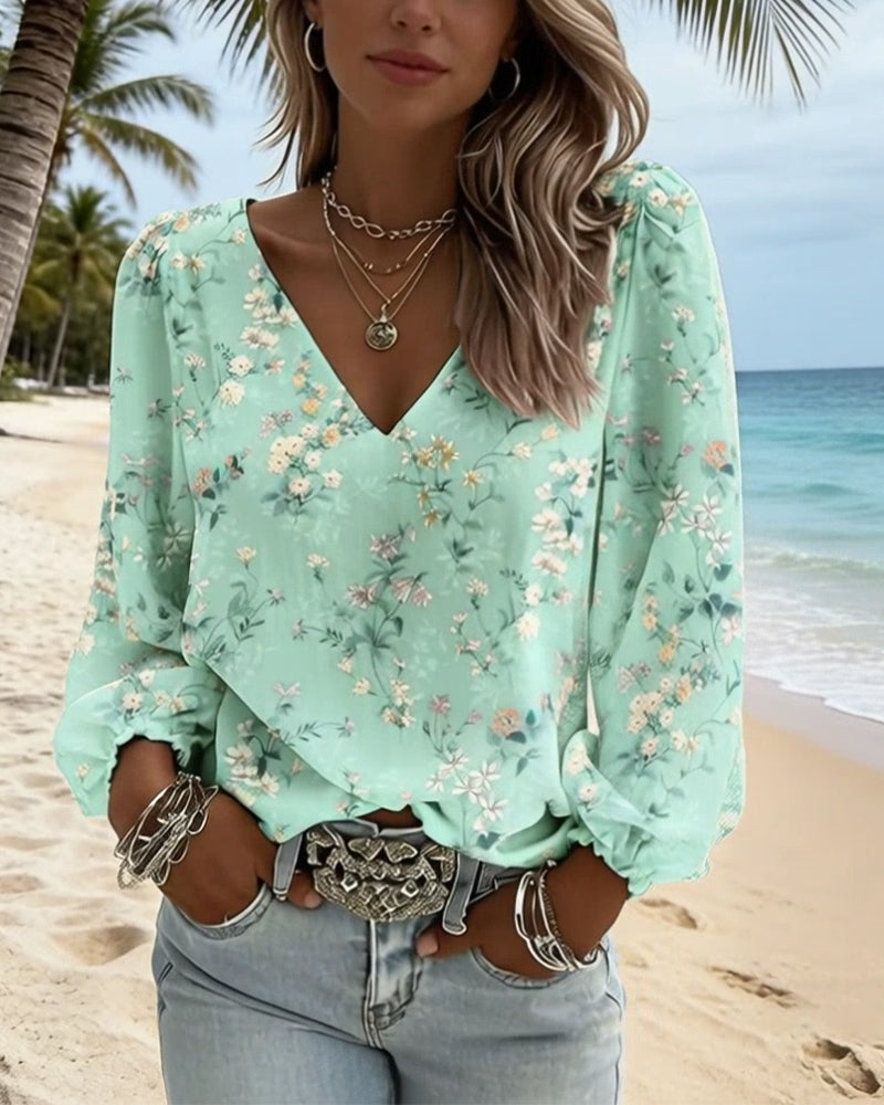 Blouse Bloemen V-Hals Pofmouw