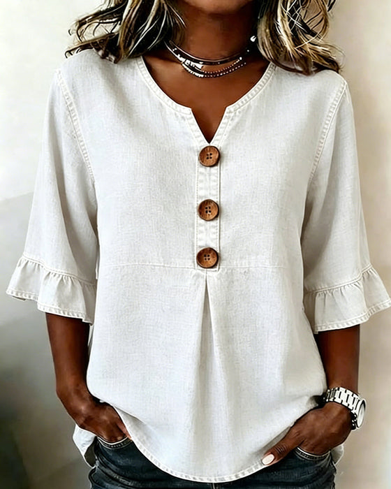 Blouse V-Hals Uitlopende Mouw Denim