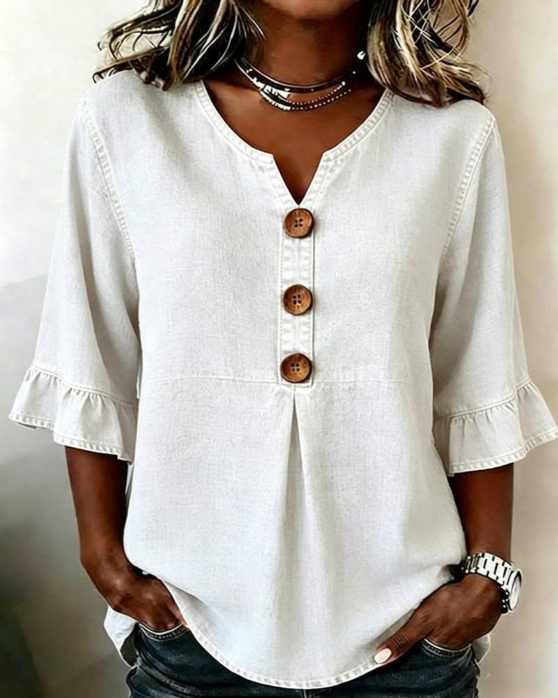 Blouse V-Hals Uitlopende Mouw Denim